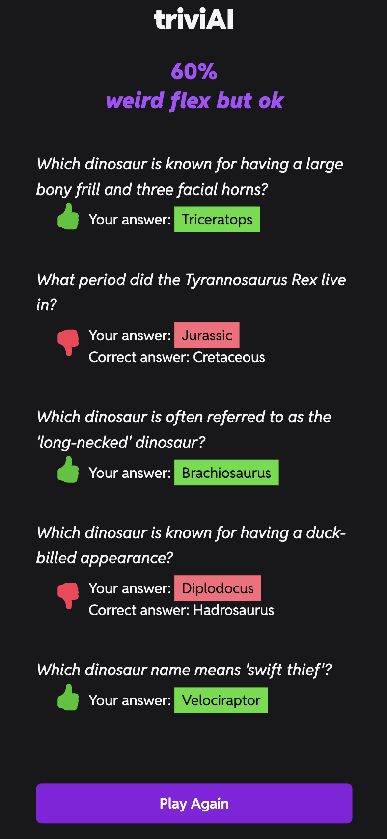 TriviAI score screen