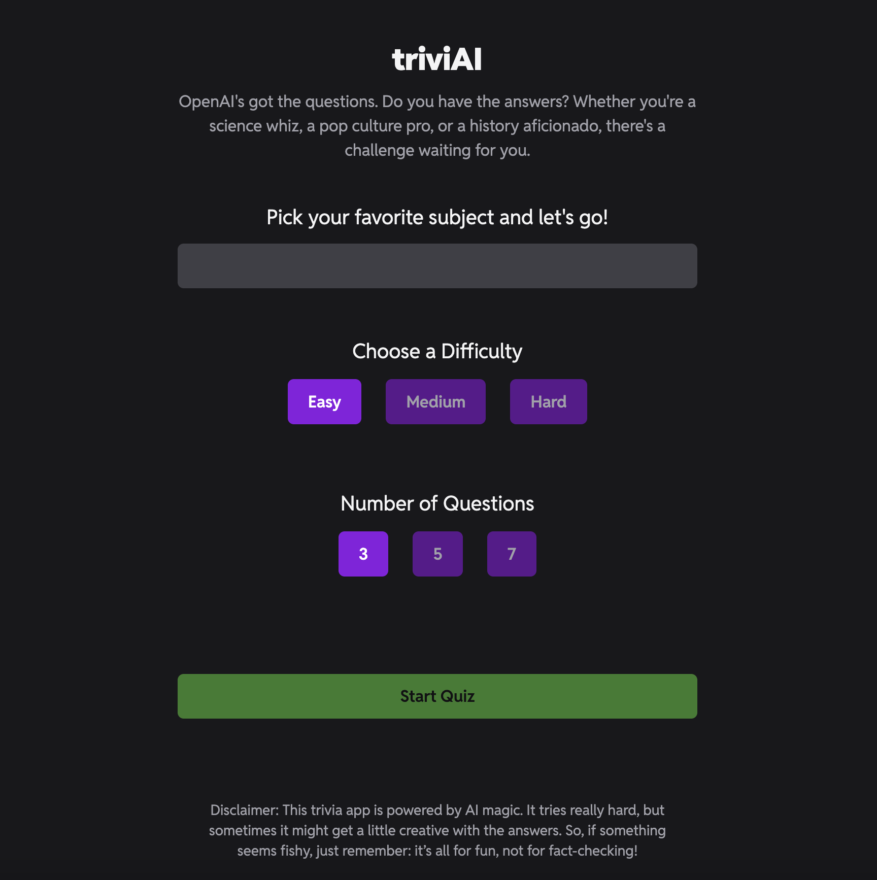 Triviai start screenshot