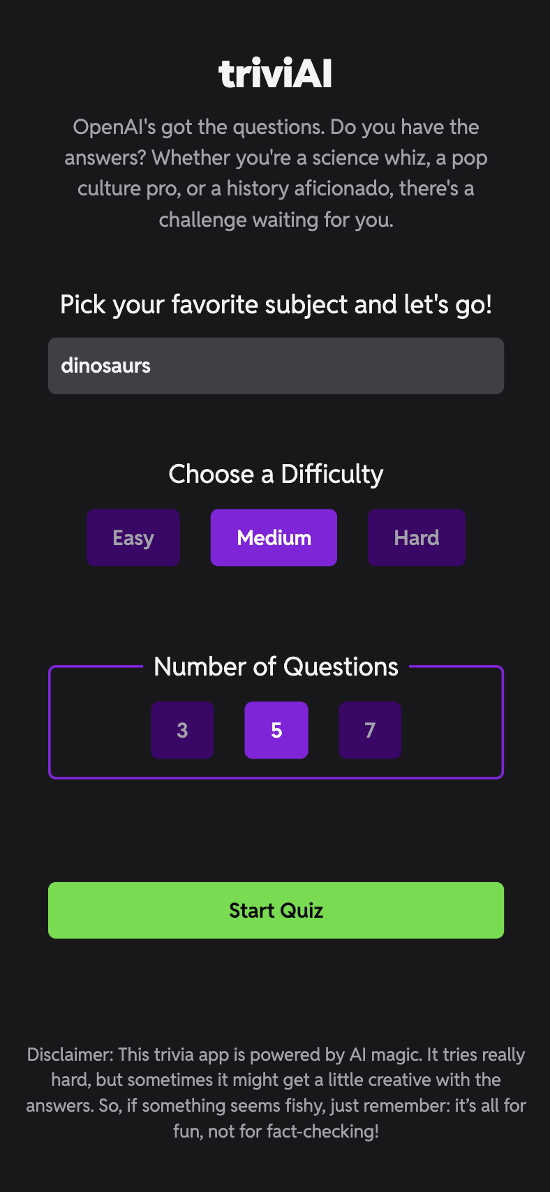 TriviAI start screen