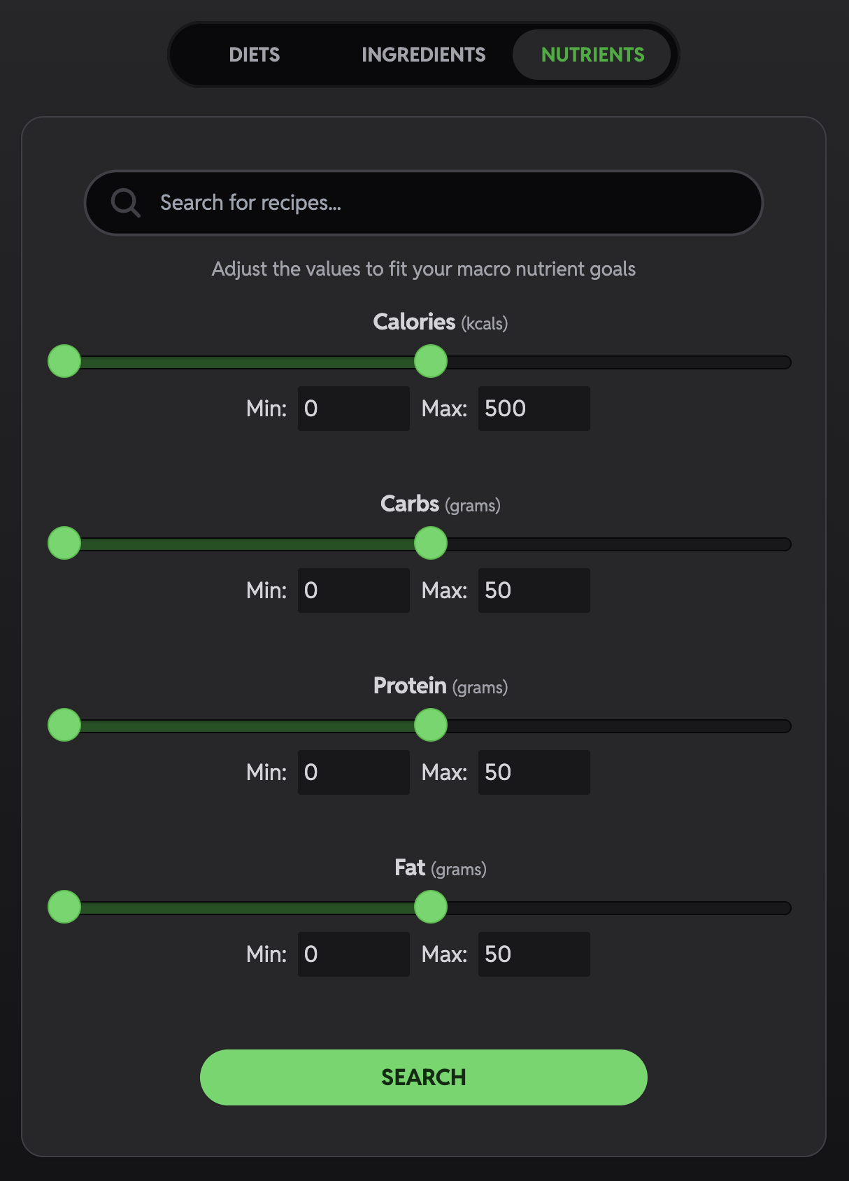 Yumble Search by Macronutrients